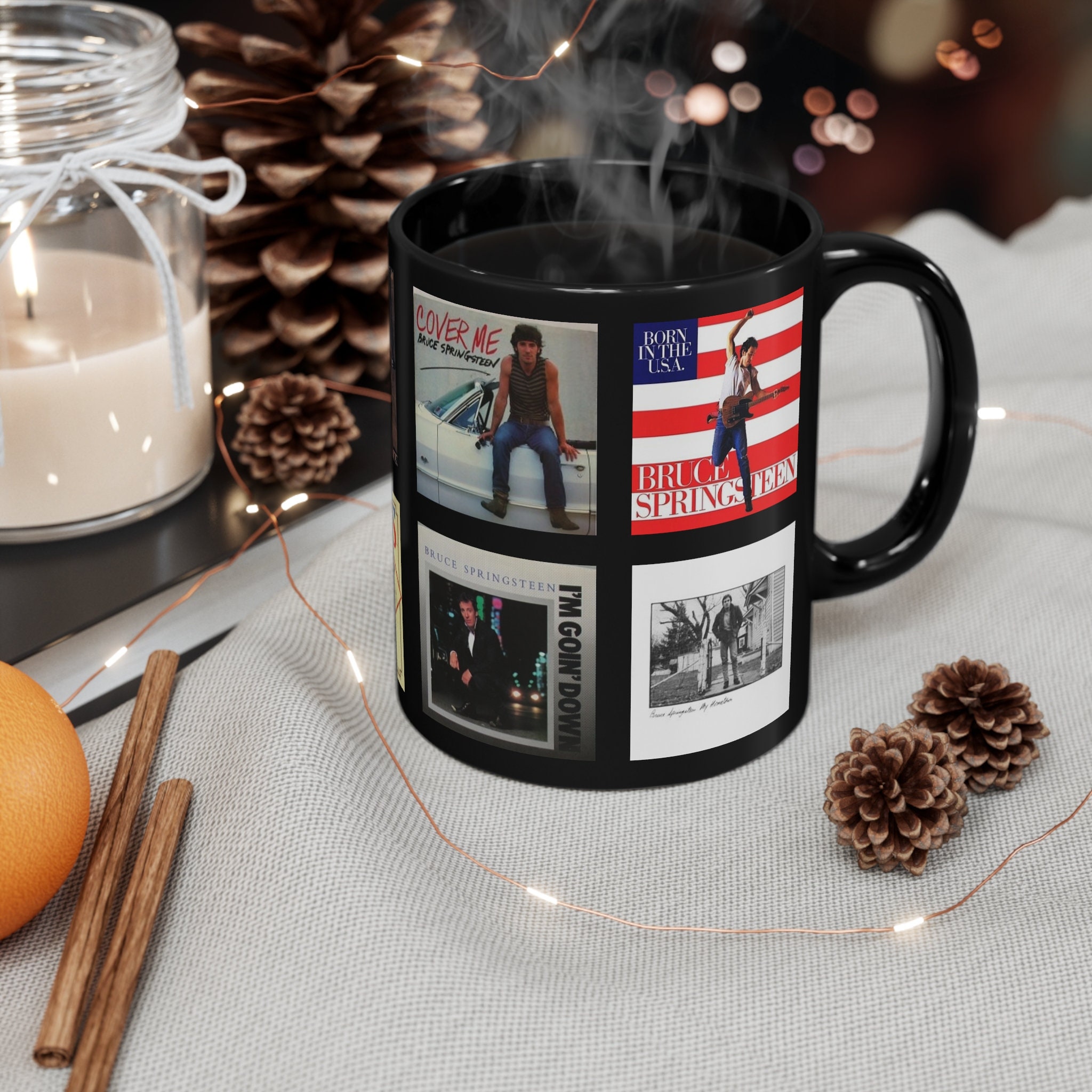 Bruce Springsteen Born in the USA mug, with images of the album and singles covers