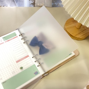 May include: Open planner with a frosted plastic cover. Inside, there are pages with a grid and colorful illustrations. A blue bow is visible through the cover. The planner is open on a light-colored surface.