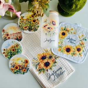 Sunflower Gift Set  |  Frosted Cup with Name and Yellow Straw | Personalized Gifts | Sunflower Coasters and Kitchen Towels