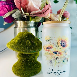 Sunflowers Iced Coffee Cup with Name and Straw and Coaster, 16oz Glass Cup, Personalized Sunflower cup with lid and straw