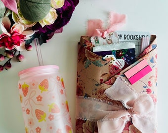 Oh So Sweet Cozy Blind Date with a Book Box and Blanket | Bookish Bundle with Glass Strawberry Coquette Cup or Mug | Pink Birthday Gifts