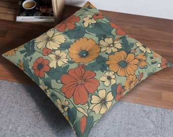 Floral Floor Pillow Square | Floral Tufted Floor Pillow |Retro Pillow floor | Floor Pillow Square | Meditation Pillow | Floor pillow large