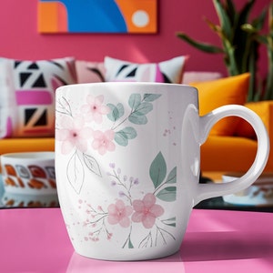 White Floral Ceramic Mug | Floral Coffee Mug | White Coffee Mug with Pink Flowers | Floral Tea Cup | Flower Mug | Gift for Wife | Flowers