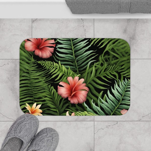 Tropical Green Bath Mat | Botanical Bath Mat  | Microfiber Memory Foam Bathroom Rug | Boho Apothecary Decor | Botanical Bath decor| Bathmat