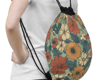 Sac à cordon floral rétro, sac de yoga, rentrée des classes, sac à dos à cordon, sac de sport, sac de danse, sac de voyage pour femme, sac de plage, sac mignon