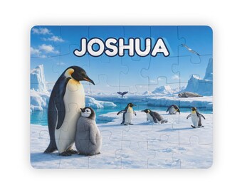 Personalized Penguin Puzzle for Kids, Custom Name 30 Piece Puzzle, Emperor Penguin Birthday Gift, Antarctic Animal Gift