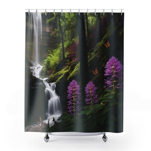Shower Curtains Waterfall and Butterflies  | Nature Shower Curtains | Botanical Shower Curtains | Forest Shower Curtains | Forest