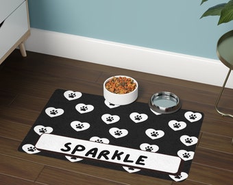 Personalized Heart Print Dog Food Mat (12x18) | Custom Pet Food Placemat | Dog Lover's Gift | Dog Mat for Food | Dog Food and Water Mat