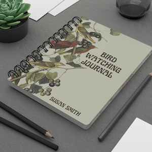 Retro bird print notebook with vintage-style birds on twigs, foliage, and berries, Spiral or Hardcover, 5" X 7"