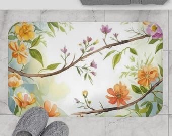 Alfombrilla de baño floral, alfombra de baño con flores en acuarela, alfombra de baño botánica, alfombrilla de baño antideslizante, alfombrilla de baño suave y absorbente, cortina de ducha a juego.