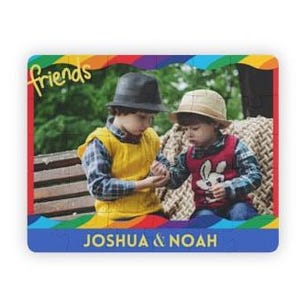 Colorful Custom photo puzzle with personalized name at the bottom. Boy Puzzle has a yellow word friends in top left.