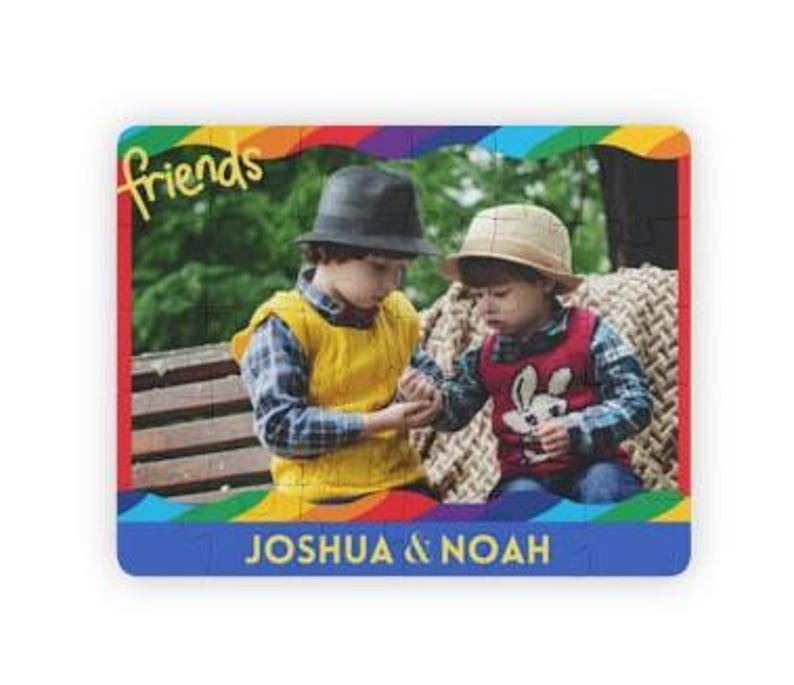 Colorful Custom photo puzzle with personalized name at the bottom. Boy Puzzle has a yellow word friends in top left.