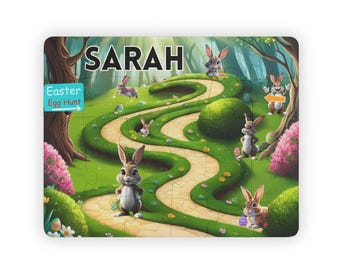 May include: A colorful Easter egg hunt puzzle featuring a winding path through a green forest with bunnies and eggs. The puzzle is personalized with the name "SARAH" and the text "Easter Egg Hunt".