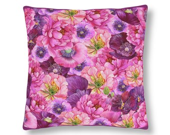 Pink Purple Floral with Purple Trim Waterproof Pillows | Pink Floral Pillows | Floral Pillows | Floral Indoor pillow | Floral Outdoor Pillow