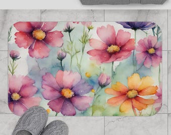 Watercolor Floral Bath Mat, Watercolor Flower Bathroom Rug, Floral Non Slip Bath Mat, Soft Absorbent Bathroom Mat, Feminine Bathroom Decor