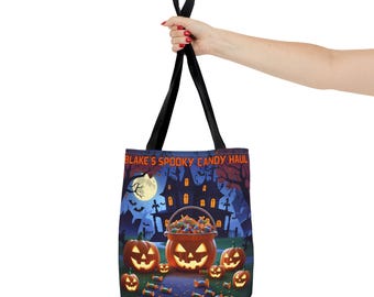Bolsa de dulces espeluznante personalizada, bolsa de 33 x 33 cm para truco o trato de Jack-O-Lantern, bolsa de Halloween con casa embrujada y luna llena