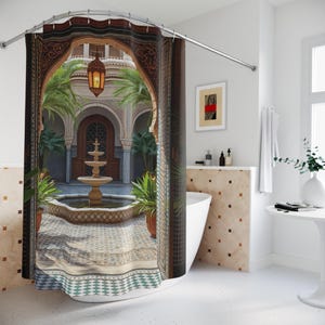 Moroccan Courtyard Themed Shower Curtains, 71" X 74", Morocco Inspired Bathroom Decor, Mediterranean Bathroom Curtain, Moroccan Decor image 5