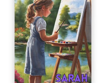 Rompecabezas infantil de 30 piezas, niña pintando en un caballete, rompecabezas personalizado para niños, rompecabezas con nombre personalizado para niños, regalo de rompecabezas para niños, rompecabezas