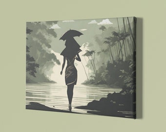 Woman with the Umbrella Olive Canvas Gallery Wrap | Umbrella Wall Hanging | Umbrella Wall Art |Umbrella Wall Decor| Canvas Wall Art| 18 X 12