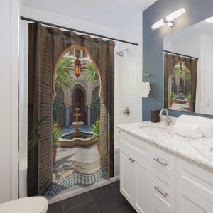 Moroccan Courtyard Themed Shower Curtains, 71" X 74", Morocco Inspired Bathroom Decor, Mediterranean Bathroom Curtain, Moroccan Decor image 3