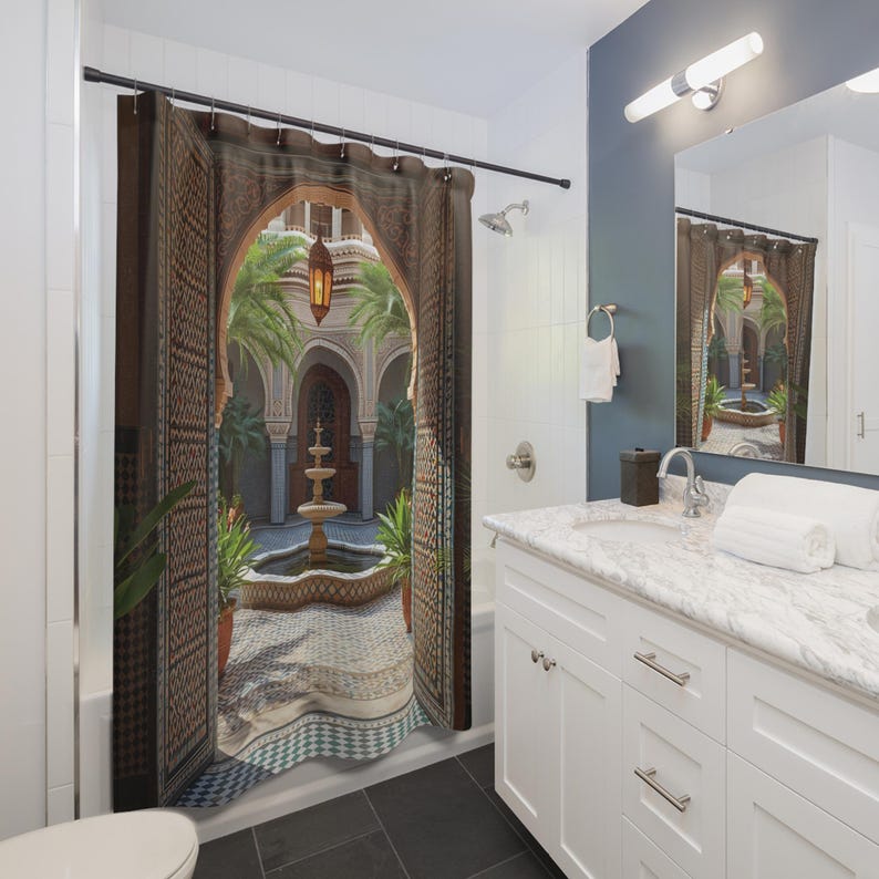Moroccan Courtyard Themed Shower Curtains, 71" X 74", Morocco Inspired Bathroom Decor, Mediterranean Bathroom Curtain, Moroccan Decor image 3