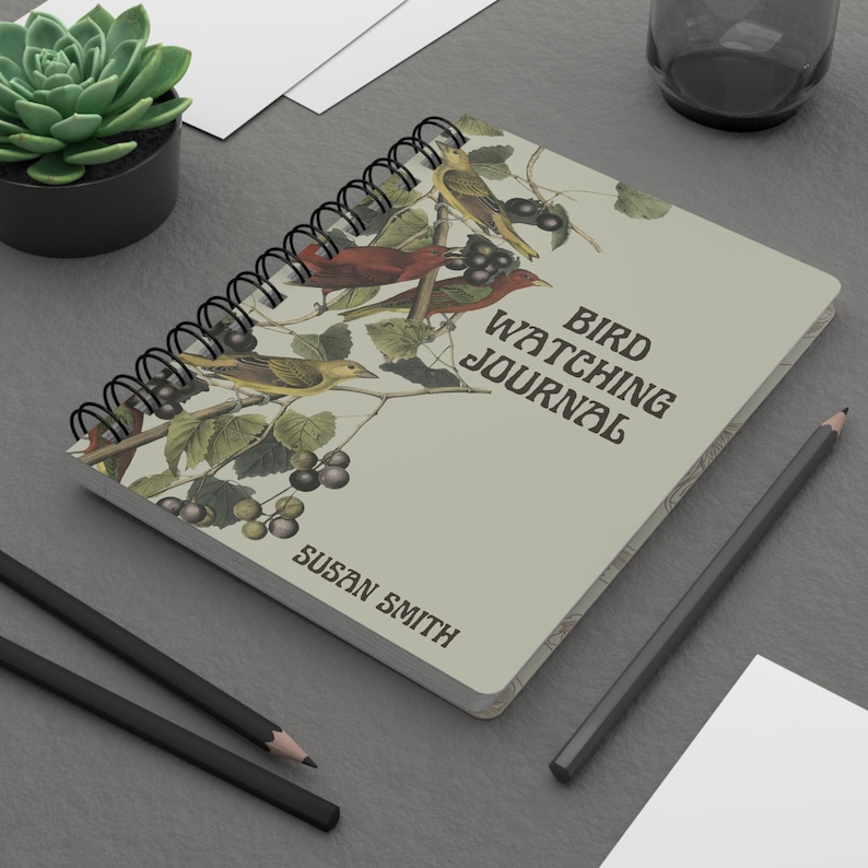 Retro bird print notebook with vintage-style birds on twigs, foliage, and berries, Spiral or Hardcover, 5" X 7"