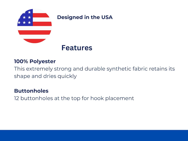 May include: A product information graphic featuring a circular United States flag icon, the text Designed in the USA, and a Features section. It lists 100% Polyester as a synthetic fabric that retains shape and dries quickly, plus 12 buttonholes.