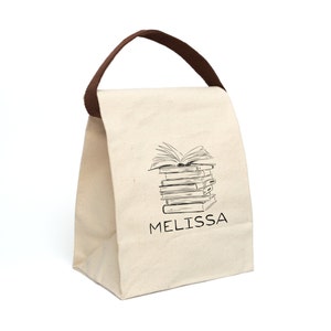 Personalized Canvas Lunch Bag With Strap, Book Print Lunch Bag, Back to School Gifts,  Custom name lunch bag, Custom work lunch bag, gift