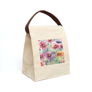 Personalized Canvas Lunch Bag With Strap, Back to School Gifts, Floral Watercolor Lunch Bag, Custom name lunch bag, Custom work lunch bag