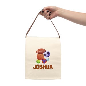 Sac à lunch personnalisé en toile de sport pour enfant avec sangle, Sac à lunch en toile personnalisé pour enfants, Sac à lunch avec ballons de sport, Sac à lunch sur le thème du sport