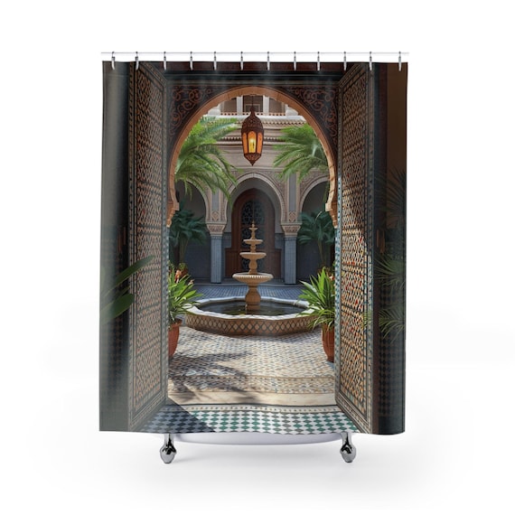 Moroccan Courtyard Themed Shower Curtains, 71" X 74", Morocco Inspired Bathroom Decor, Mediterranean Bathroom Curtain, Moroccan Decor