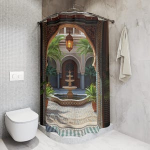 Moroccan Courtyard Themed Shower Curtains, 71" X 74", Morocco Inspired Bathroom Decor, Mediterranean Bathroom Curtain, Moroccan Decor image 4