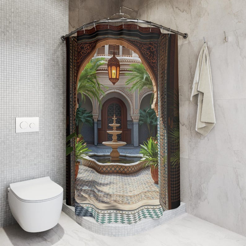 Moroccan Courtyard Themed Shower Curtains, 71" X 74", Morocco Inspired Bathroom Decor, Mediterranean Bathroom Curtain, Moroccan Decor image 4