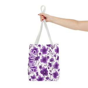 Borsa a tracolla personalizzata con fiori per la nascita di febbraio, borsa a tracolla in tela personalizzata, regalo di compleanno per lei, regalo per la mamma, borsa floreale, borsa a tracolla viola per la nascita