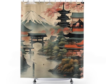 May include: A shower curtain featuring a landscape illustration of a snow-capped mountain, a multi-tiered pagoda, and traditional orange-roofed buildings nestled among trees with pink blossoms, all situated along a calm river with a torii gate.