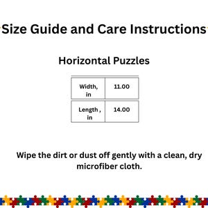 May include: A white informational graphic titled Size Guide and Care Instructions with orange stars. It lists horizontal puzzle dimensions as 11.00 inches in width and 14.00 inches in length, with instructions to wipe with a dry microfiber cloth.
