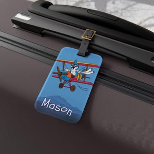 Etiqueta de equipaje personalizada con pájaro caprichoso para niños, etiqueta de viaje personalizada con arrendajo azul para niños, etiqueta de maleta con temática de aviación para niños, etiqueta de equipaje divertida