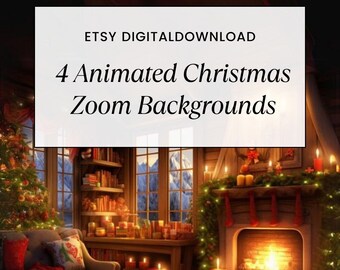 Könnte beinhalten: Vier animierte Weihnachts-Zoom-Hintergründe mit einem gemütlichen Wohnzimmer mit Kamin, Weihnachtsbaum und Sofa. Der Kamin hat ein knisterndes Feuer und ist mit Strümpfen und Grün geschmückt. Der Weihnachtsbaum ist mit Kugeln und Lichtern geschmückt. Das Sofa ist mit roten und weißen Kissen bedeckt. Der Raum ist mit Kerzen und Lichterketten beleuchtet. Die Hintergründe sind perfekt für virtuelle Meetings, Online-Events und Weihnachtsfeiern.