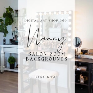 May include: A white vanity table with a large mirror with lights around it. The vanity table has a white stool and a black shelf unit. The text on the image reads "Digital Art Shop 360", "Salon Zoom Backgrounds", "Etsy Shop", and "www.etsy.com/shop/digitalartshop360".