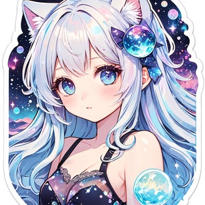 Adesivo Galactic Anime Cat Girl - Simpatico adesivo in vinile a tema spaziale per laptop e diari