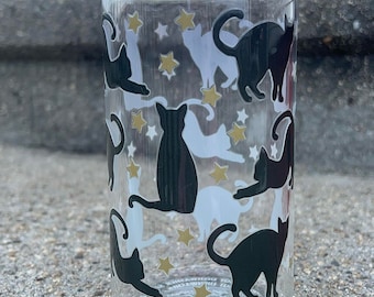 Black Cat Glass Can Cup | Celestial Stars UV DTF Design