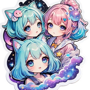 May include: Three anime-style girls with cat ears and blue and pink hair. They are surrounded by a galaxy-themed background with stars and clouds.