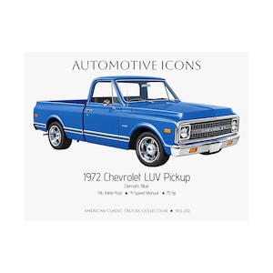 May include: A blue 1972 Chevrolet LUV pickup truck illustration with chrome accents. Text reads: AUTOMOTIVE ICONS, 1972 Chevrolet LUV Pickup, Clematis Blue, 1.8L Inline-Four, 4-Speed Manual, 75 hp, AMERICAN CLASSIC TRUCKS COLLECTION, NO. 212.