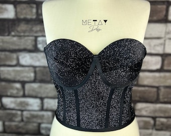 Korsett Bustier schwarz Samt Korsett Top Glitzer Samt Stoff Bustier Vintage handgefertigt