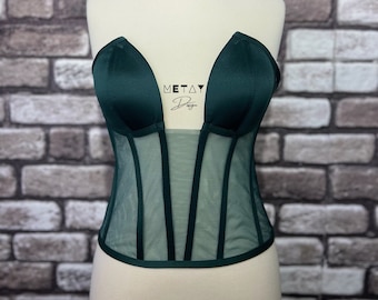 Corset Bustier vert émeraude Tulle transparent Corset en satin Laçage Corset Lingerie Corset haut de gamme