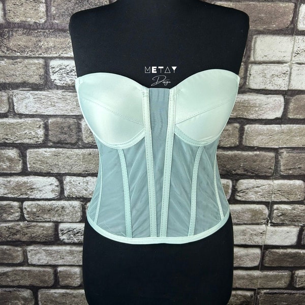 Corset Transparent, Corset de mariage couleur vert menthe, Corset raffermissant, Bustier nuptial, Modèle Top Corset, Bustier Corset, vintage Fait main.