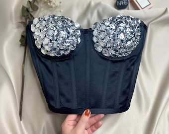 Corset black stone bustier transparent satin corset lingerie premium corset
