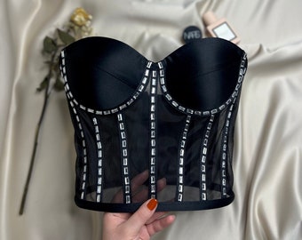 Corset black stone bustier transparent satin corset lingerie premium corset