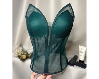 Corset transparent cat ear corset emerald green satin corset top lingerie bustier wedding handmade