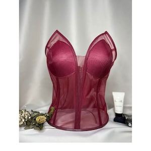 Corset transparent cat ear corset burgundy satin corset top lingerie bustier wedding handmade